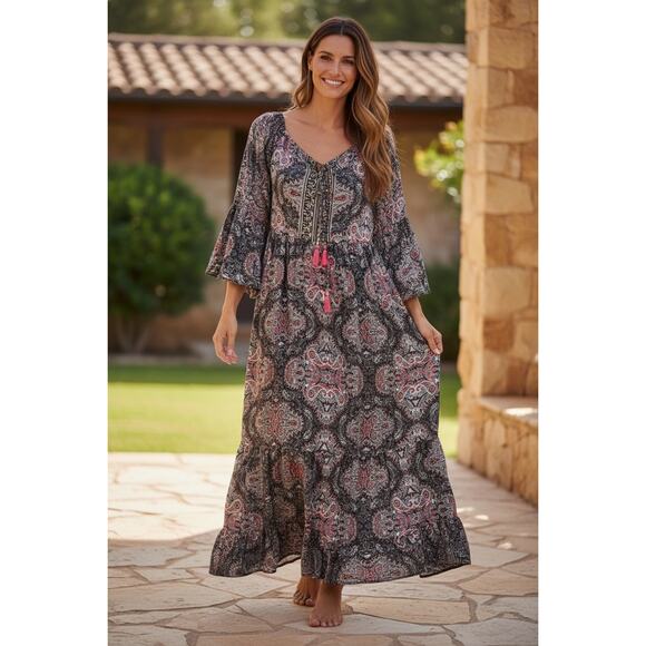 Earthbound Trading Co Dresses & Skirts - NWT Earthbound Trading Co Boho Maxi Dress Paisley Tassel Tie Peasant Sleeve S M